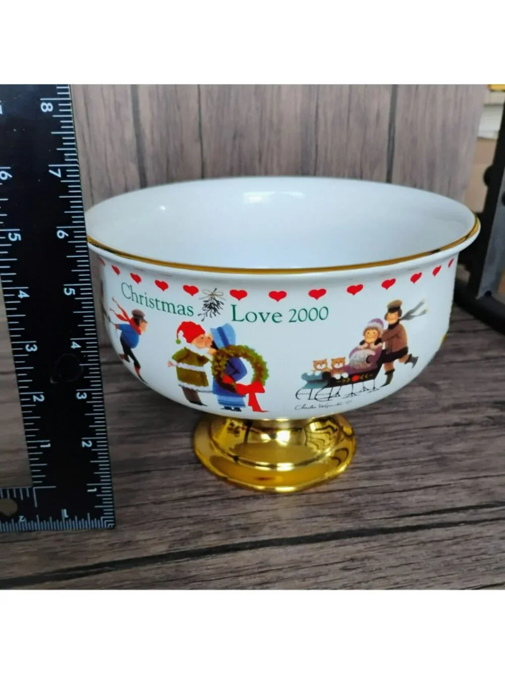 Vintage Teleflora Charles Wysocki Christmas Bowl Love 2000 Pedestal Gold Trim 8